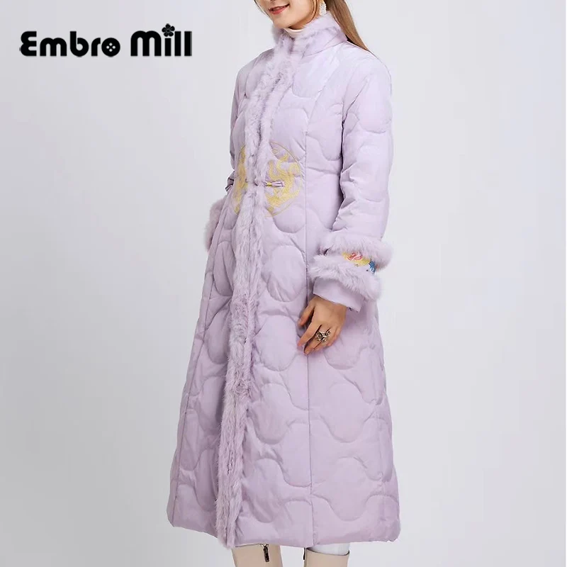 Rabbit Fur Spliced Down Jacket Mid-Length Female New Retro Embroidery Chinese Style Disc Buckle Loose White Duck Down Coat M-XXL