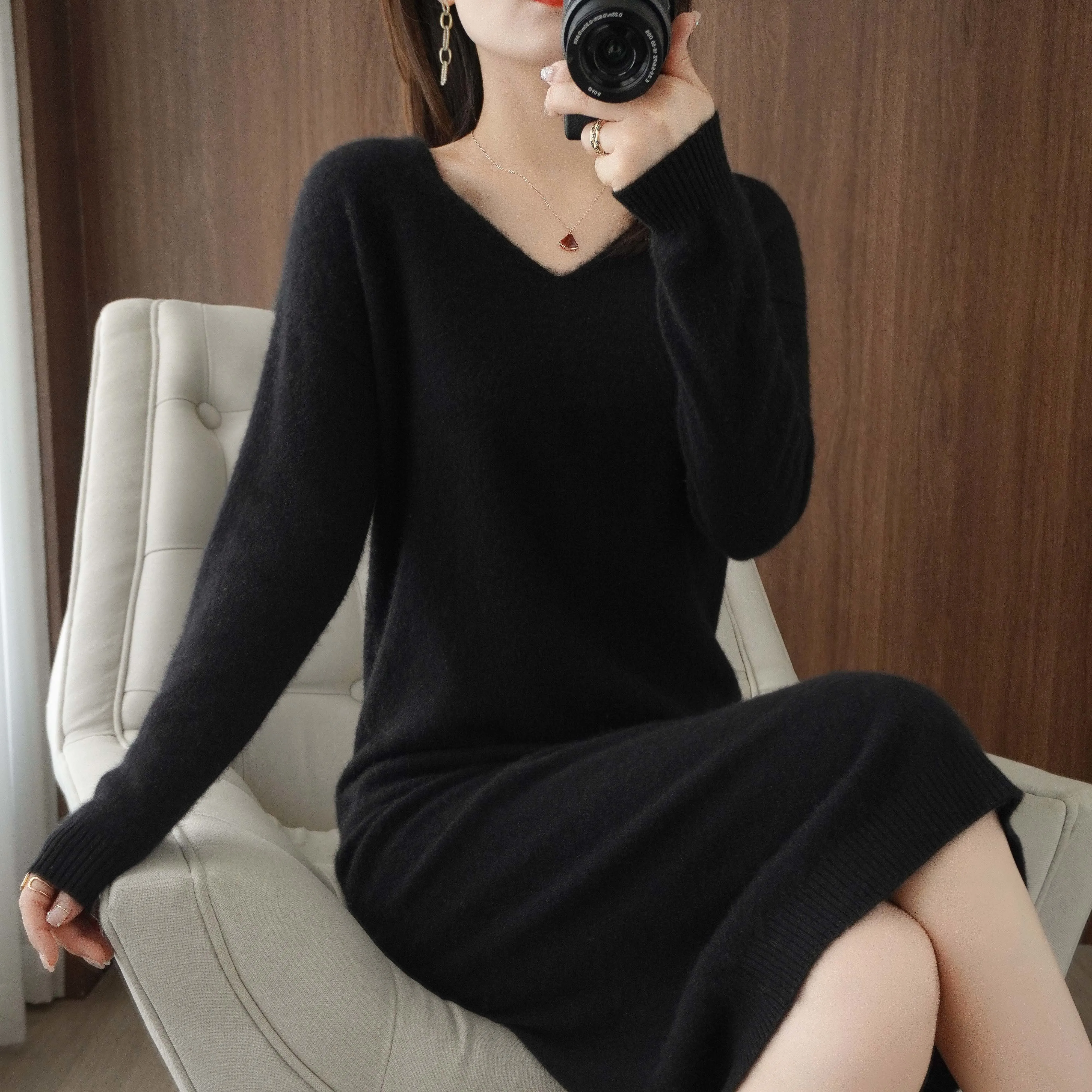 Women\'s 100% Merino Wool Knitting Dress, Female Loose Dresses, Full Sleeve Pullovers, Vneck, Winter, Autumn, Hot Sale