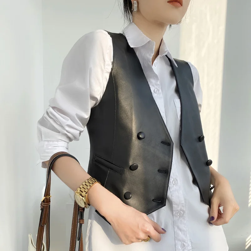 Classic Ropas Mujer Women Real Leather Double-Breasted V-neck Vest British Elegant Handsome Knight Style Gilet Female Waistcoat