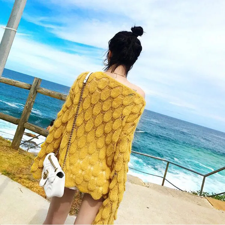 

Fashion Loose Knitted Mohair Sweater with Round Neck Women Hollow Pullover Korean top Pink Yellow cardigans