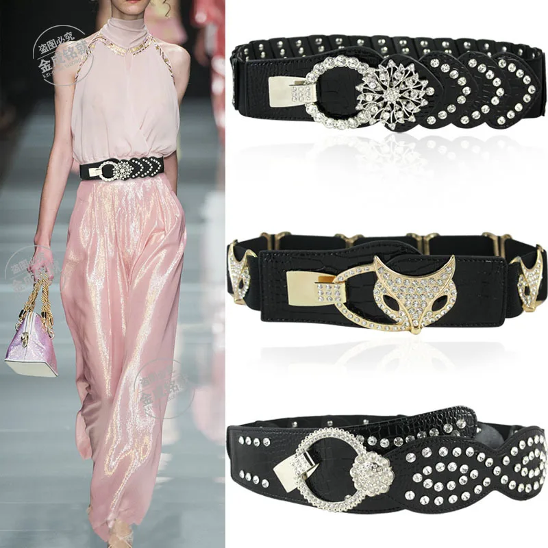 

Wholesale high-end rhinestone inlay wide waist seal Joker fashion decorative elastic belt skirt factory outlet SW353