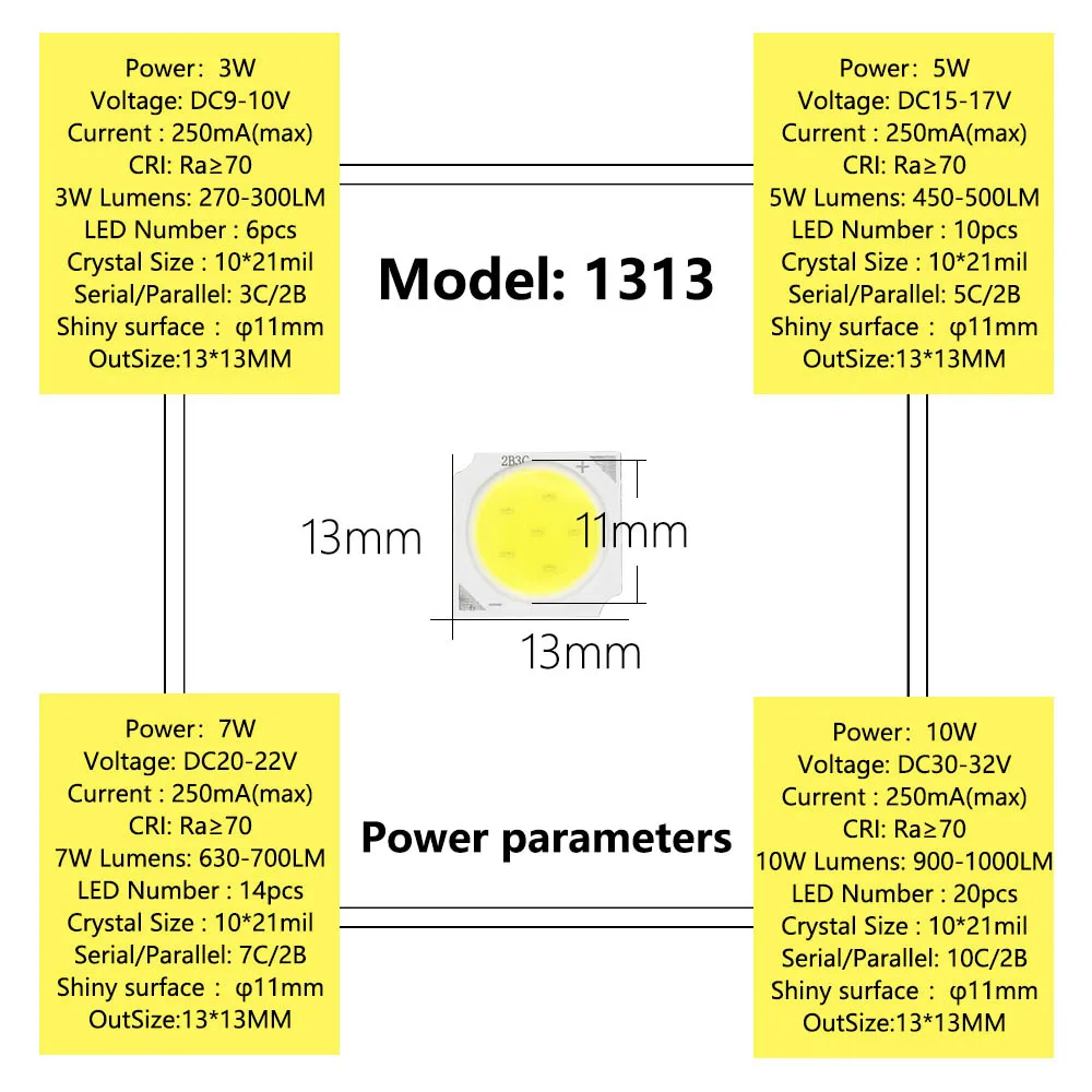 Perles de lumière LED COB 3W/5W/7W/10W, puce Source 13mm pour ampoule LED, projecteur, lampe Diode, 10 pièces