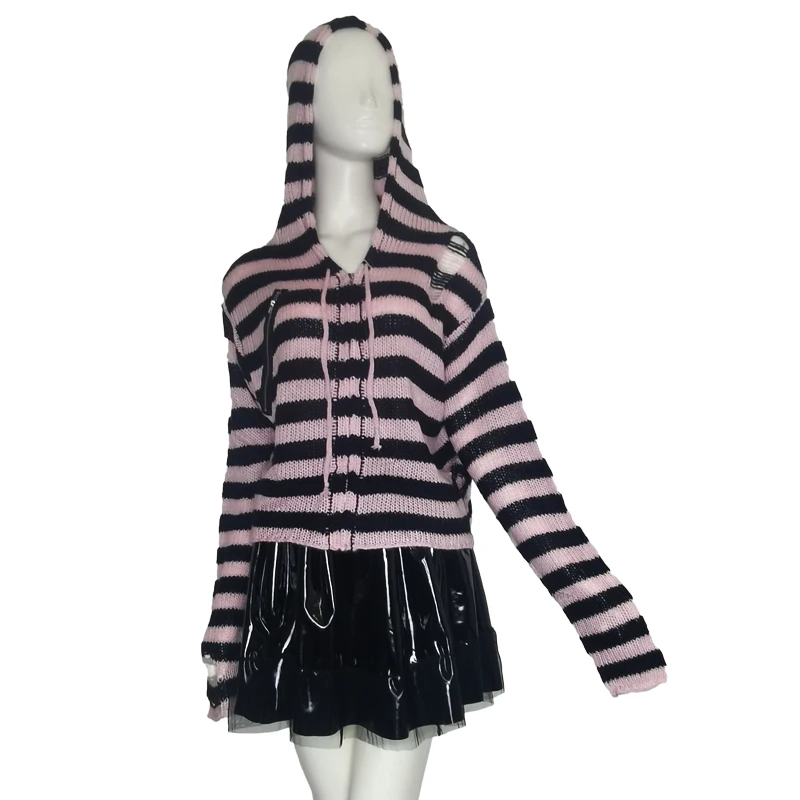 Y2k Girl Zipper Hollow Out Sweaters Gothic Lady Striped Cardigan Short Hooded Sweater Autumn Long Sleeve Black Red Knitted Top