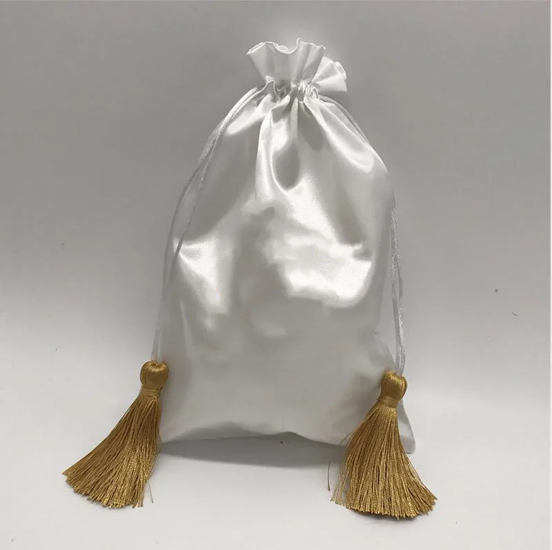 Satin Drawstring Bag Silk Cloth Pouch Jewelry/Package/Cosmetic/Gift/Wedding/Party/Wig/Hair Bundles Sachet Tassel Custom Logo 50p