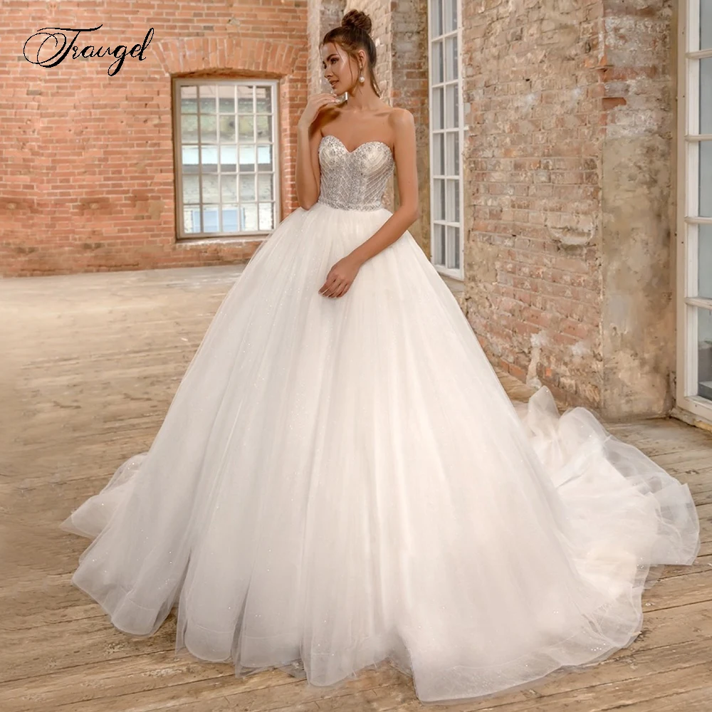 Traugel Elegant Sweetheart Ball Gown Wedding Dresses Beading Sleeveless Backless Bride Dress Chapel Train Bridal Gowns