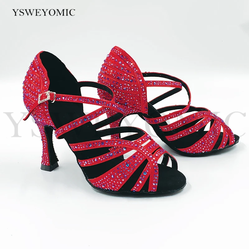 Zapatos de baile latino con diamantes de imitación rojos para mujer, Calzado cómodo de alta calidad para Salsa de salón y Bachata, novedad de 2021