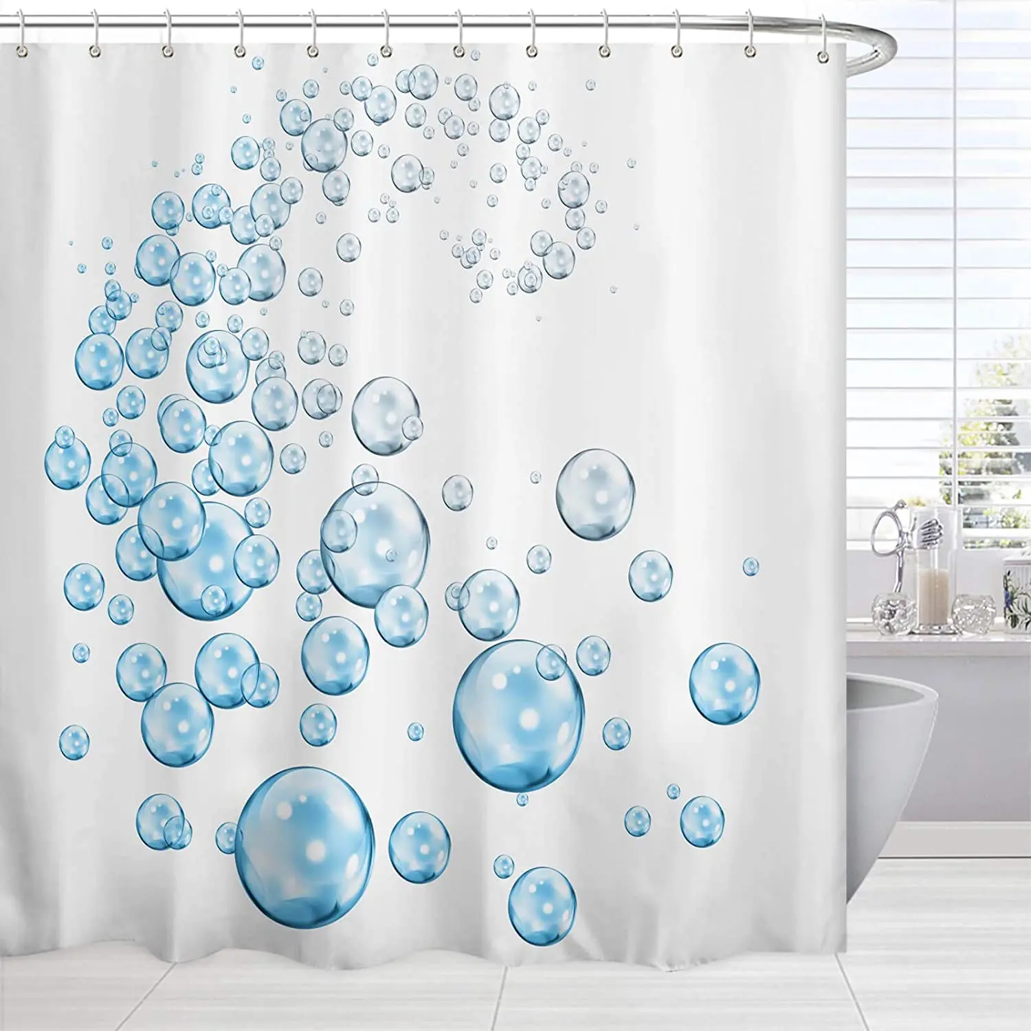 Rideaux de douche en tissu bleu et blanc, ensemble de décoration de salle de bain étanche avec des bulles d'eau fraîches abstraites modernes, imprimé artistique mignon avec crochets