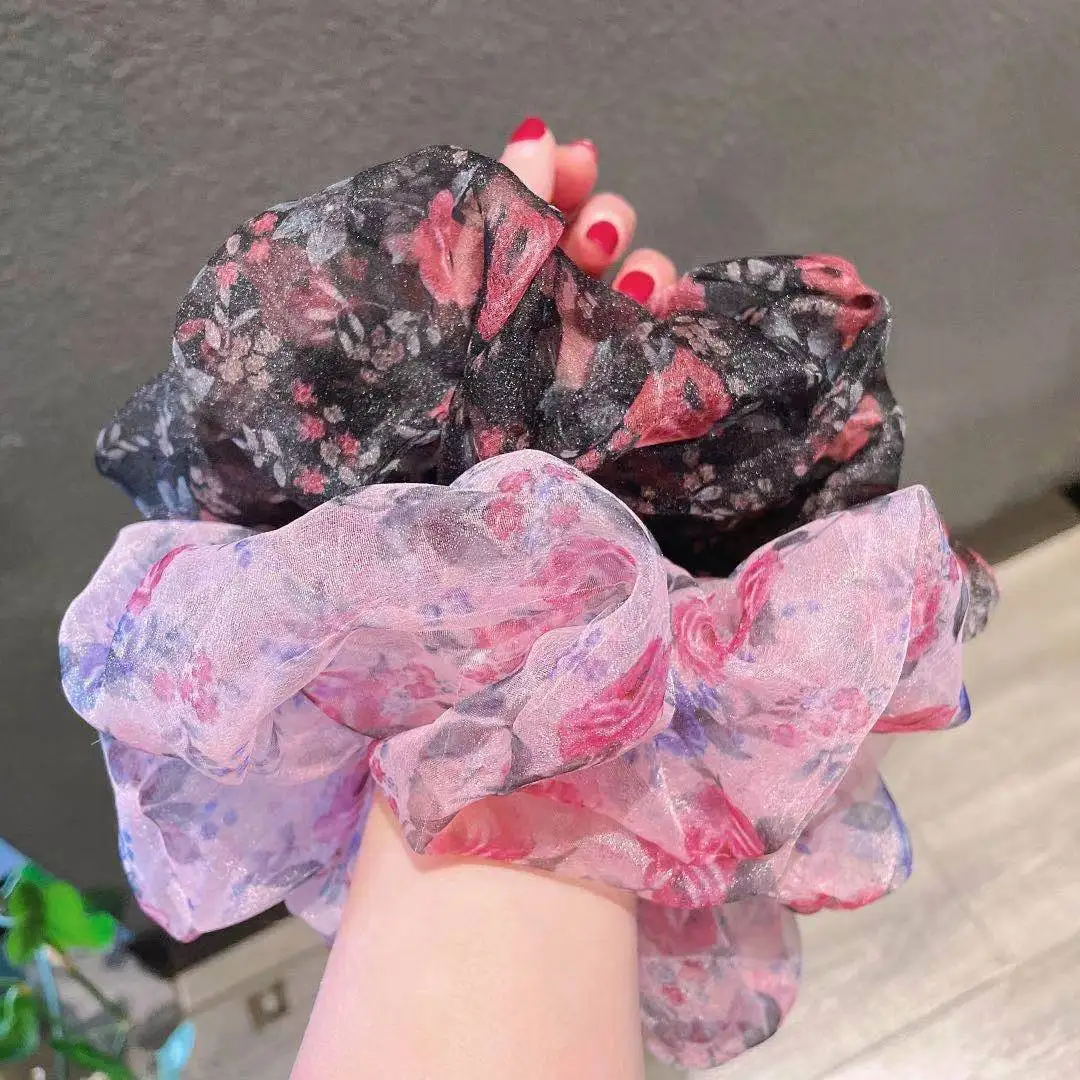 2021 New Fashion Oversized Organza Flower Large Hair Scrunchies Elastic Hair Ropes For Woman Girls Temperament Hair Accessories