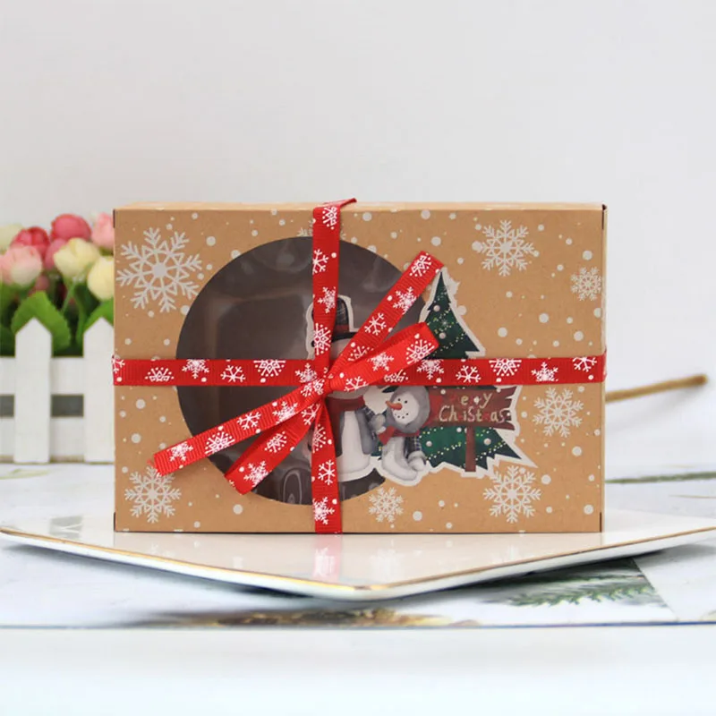 Cajas de galletas de Feliz Navidad, muñeco de nieve, Papá Noel, caja de comida con ventana, pastel, postre, paquete de papel Kraft, envío directo, 3/6 piezas