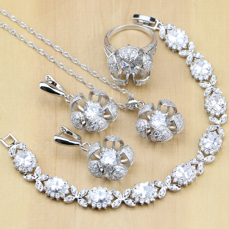 

Flower Shaped Silver 925 Jewelry White Cubic Zirconia Jewelry Sets For Women Party Earrings/Pendant/Necklace/Rings/Bracelet