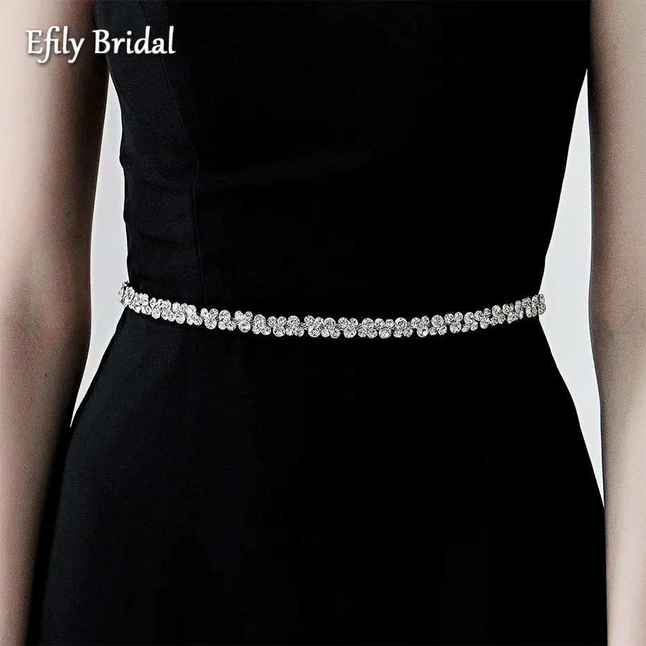 Efily Luxury Thin Rhinestone Bridal Belt Ribbon Women Crystal Bright Party Belt Sash Wedding Accessories Dress Bridesmaid Gift