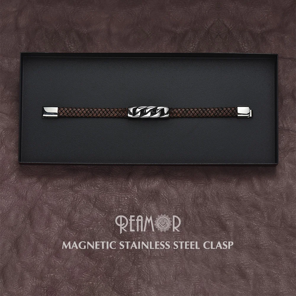 REAMOR Trendy Men Jewelry Stainless Steel Connector Braided Leather Magnetic Buckle Bracelets Punk Men Wristband Pulsera Hombre