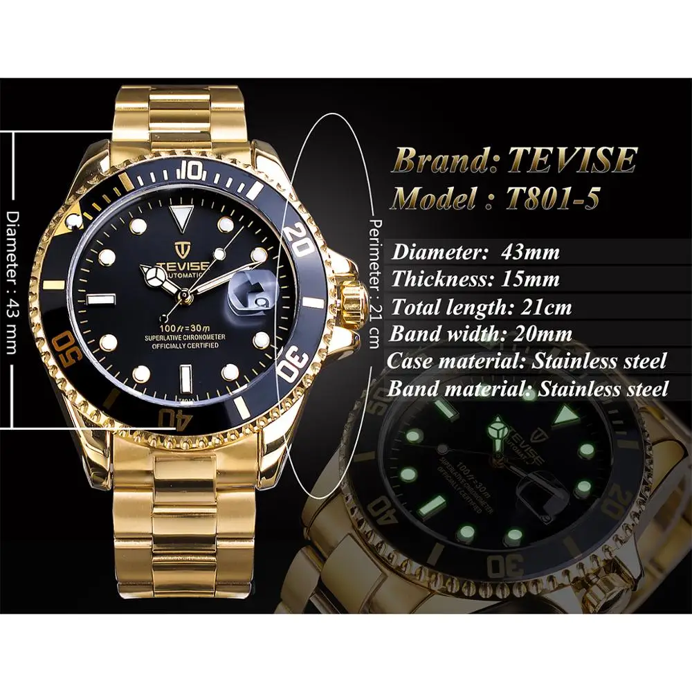 TEVISE 2020 Classic Luxury Calendar Gold Stainless Steel Mens Automatic Mechanical Business Fashion Wrist Watch Top Brand Clock