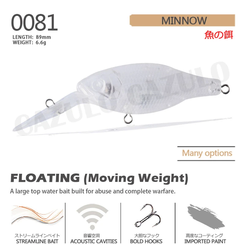 Phụ Kiện Câu Cá Không Phủ Sơn Dụ Minnow 6.6G 89Mm Nổi Diy ABS Trong Suốt Mồi Pesca Thiết Bị Pike Leurre Brochet Angeln