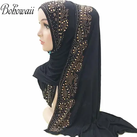 BOHOWAII 다이아몬드 저지 Hijab 스카프 이슬람 패션 Turban Femme Musulman 아프리카 머리 랩 여성을위한 아랍 터키 Hijabs