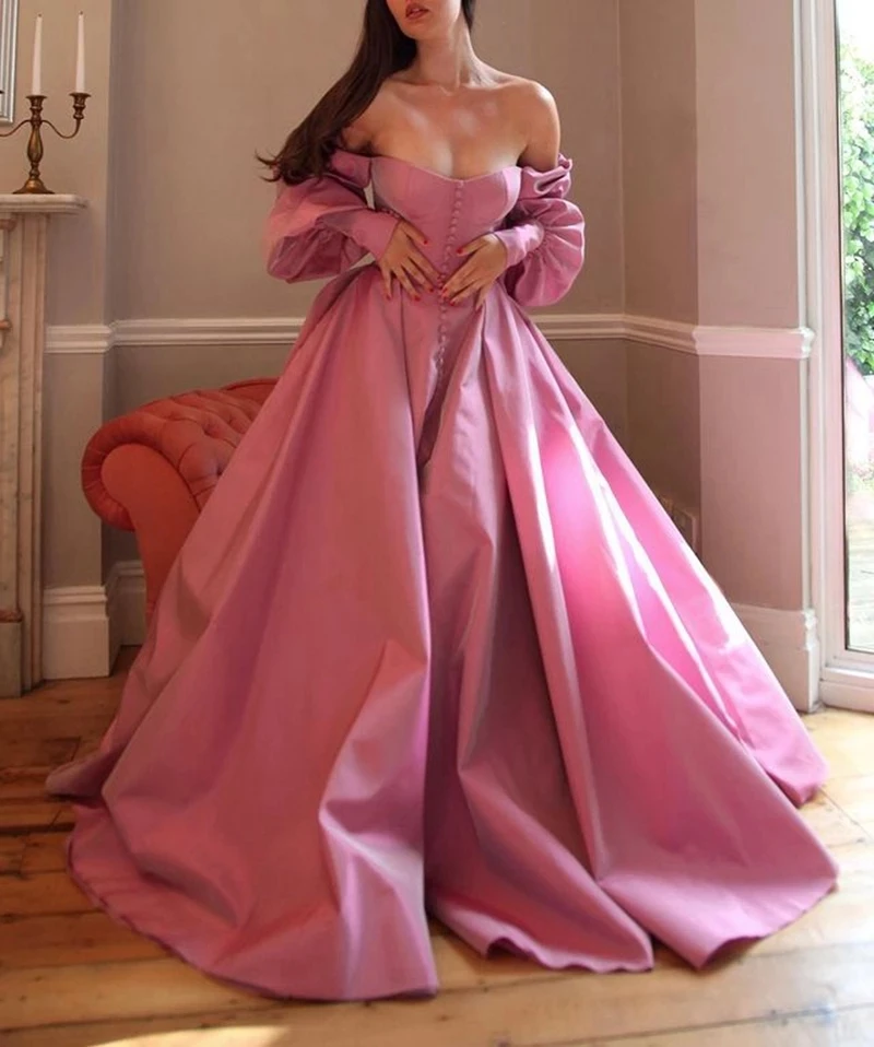 LORIE – robe de soirée trapèze rose élégante, longue, avec boutons, manches évasées, fente haute