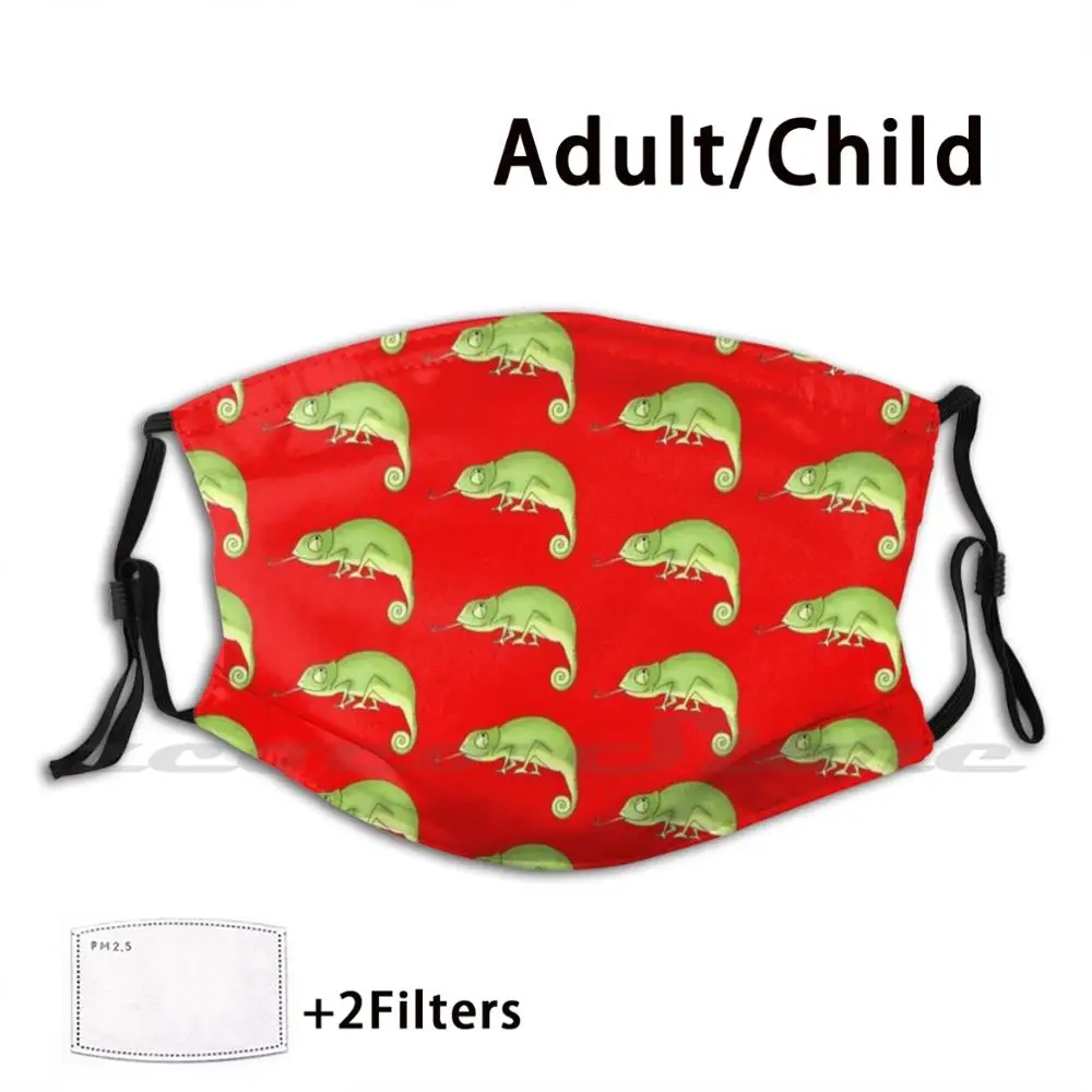 Green Chameleon Ontwerp Masker Doek Wasbare Diy Filter Pm2.5 Volwassen Kids Chameleon Kameleons Reptiel Reptielen Groene Wild Dier