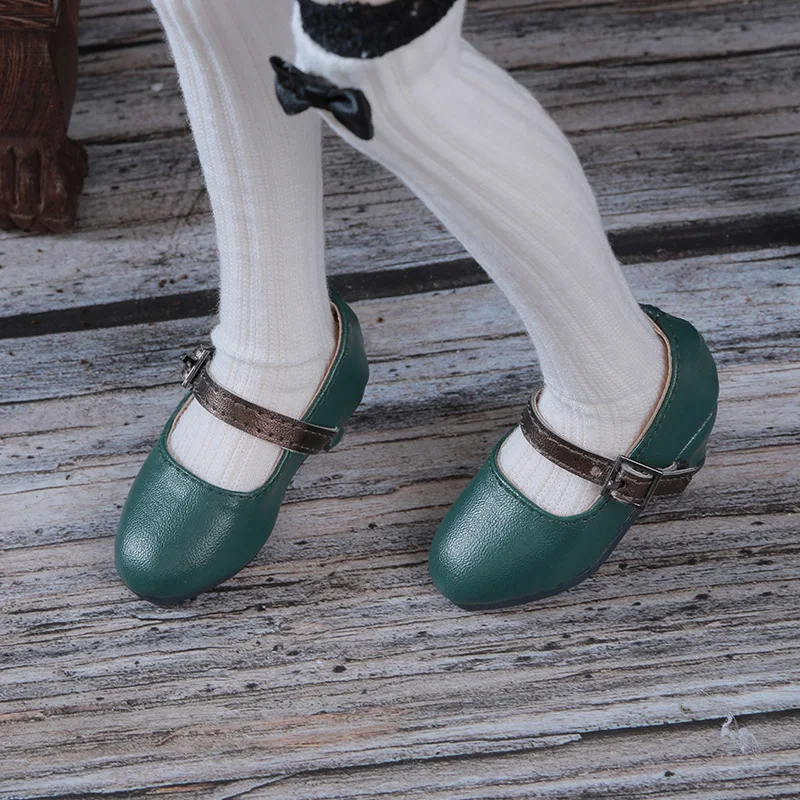 BJD doll shoes for a quarter of the size of fashionable versatile high-heel button-up shoes round head small shoes classic green