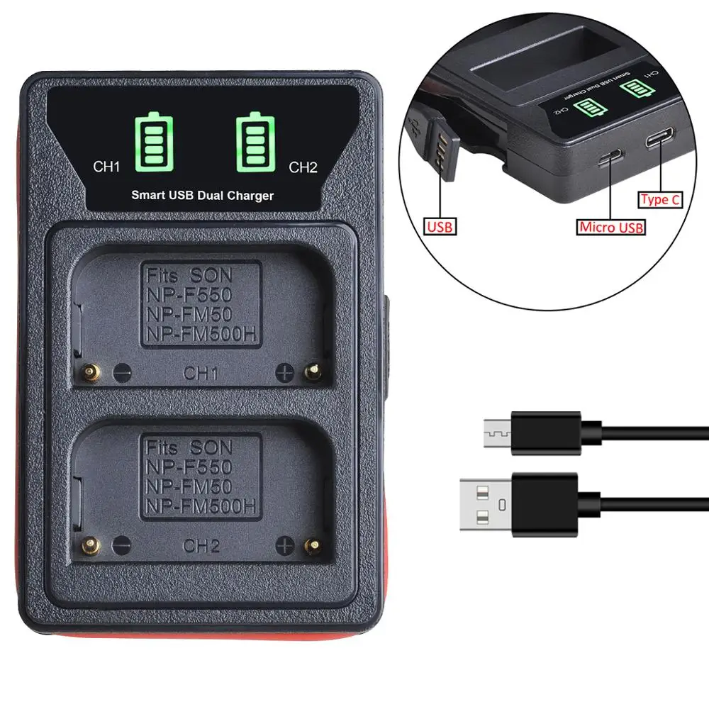 4 Pcs NP-FM50 NP FM50 FM55H Camera Battery + LED Dual USB Charger with type-C port for Sony NP-FM51 NP-FM30 NP-FM55H DCR-PC101