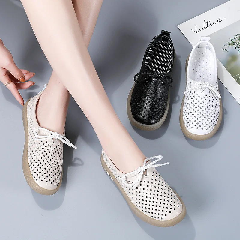 New Genuine Leather Hollow Out Women Ballet Flats Mothers\' Soft bottom Slip On Shallow Shoes Woman Solid Loafers C662