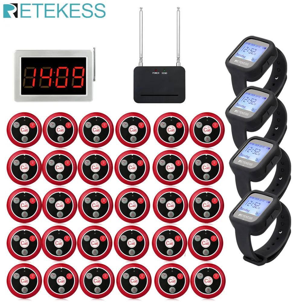 Retekess Wireless Call System Receiver Host+4Pcs TD106 Waterproof Watch Receiver+Signal Repeater+30Pcs T117 Call Buttons