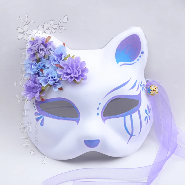 Japanese kimono fox cat mask hand painted anime purple blue gradient silk flower bell cosplay