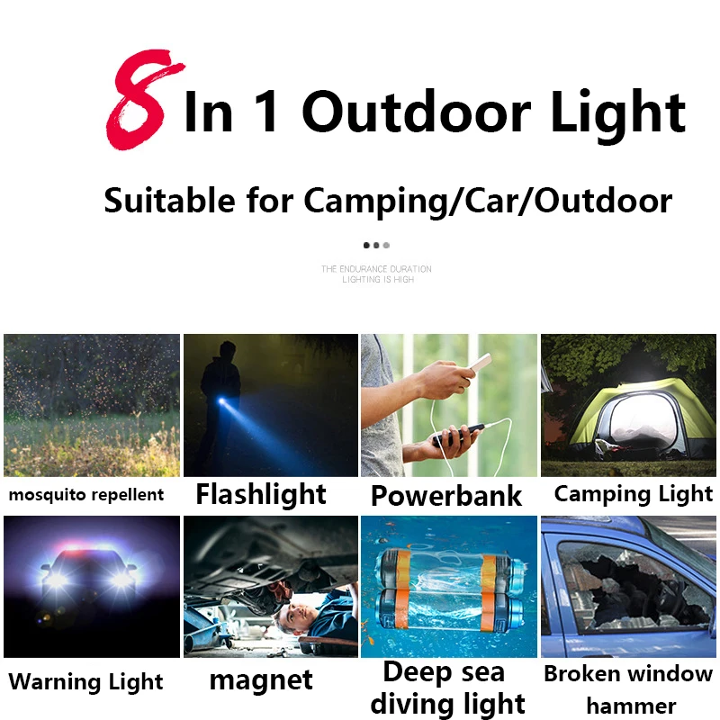 IPX8 Waterproof Powerful LED Flashlight Portable Camping Torch USB Rechargeable Hand Lamp Multifunction Outdoor Light For Diving
