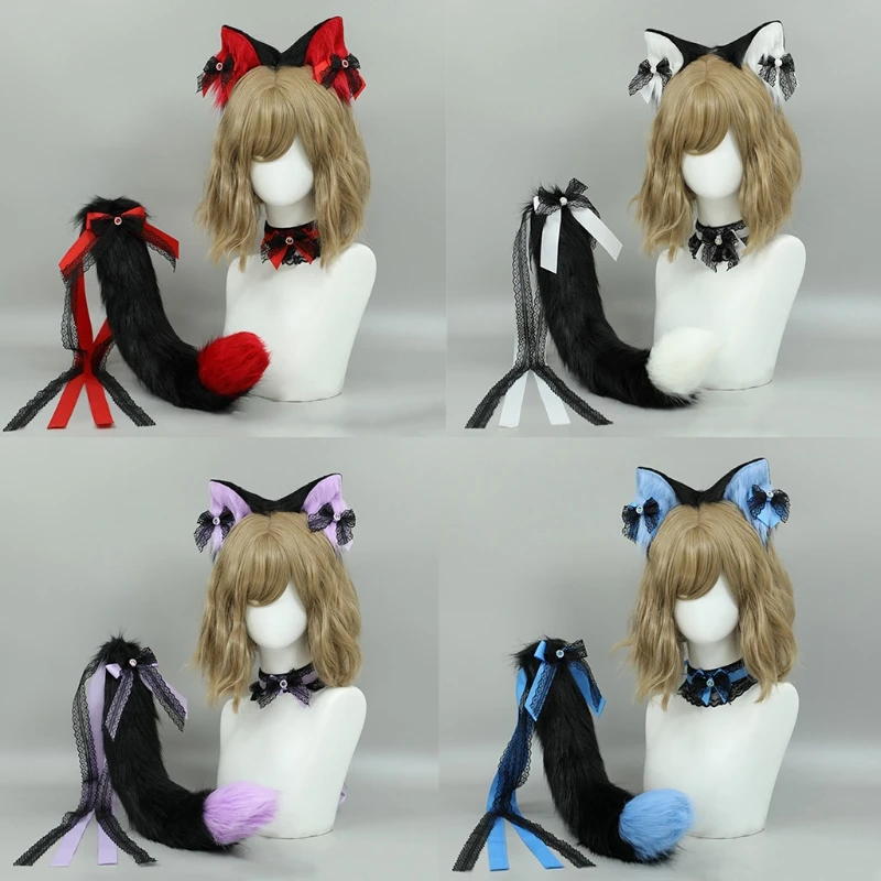 

Lolita Beast Ears Beast Tail Accessories Lace Headdress Headband Cat Tail Collar Cosplay Plush Beast Ear Plush Furry