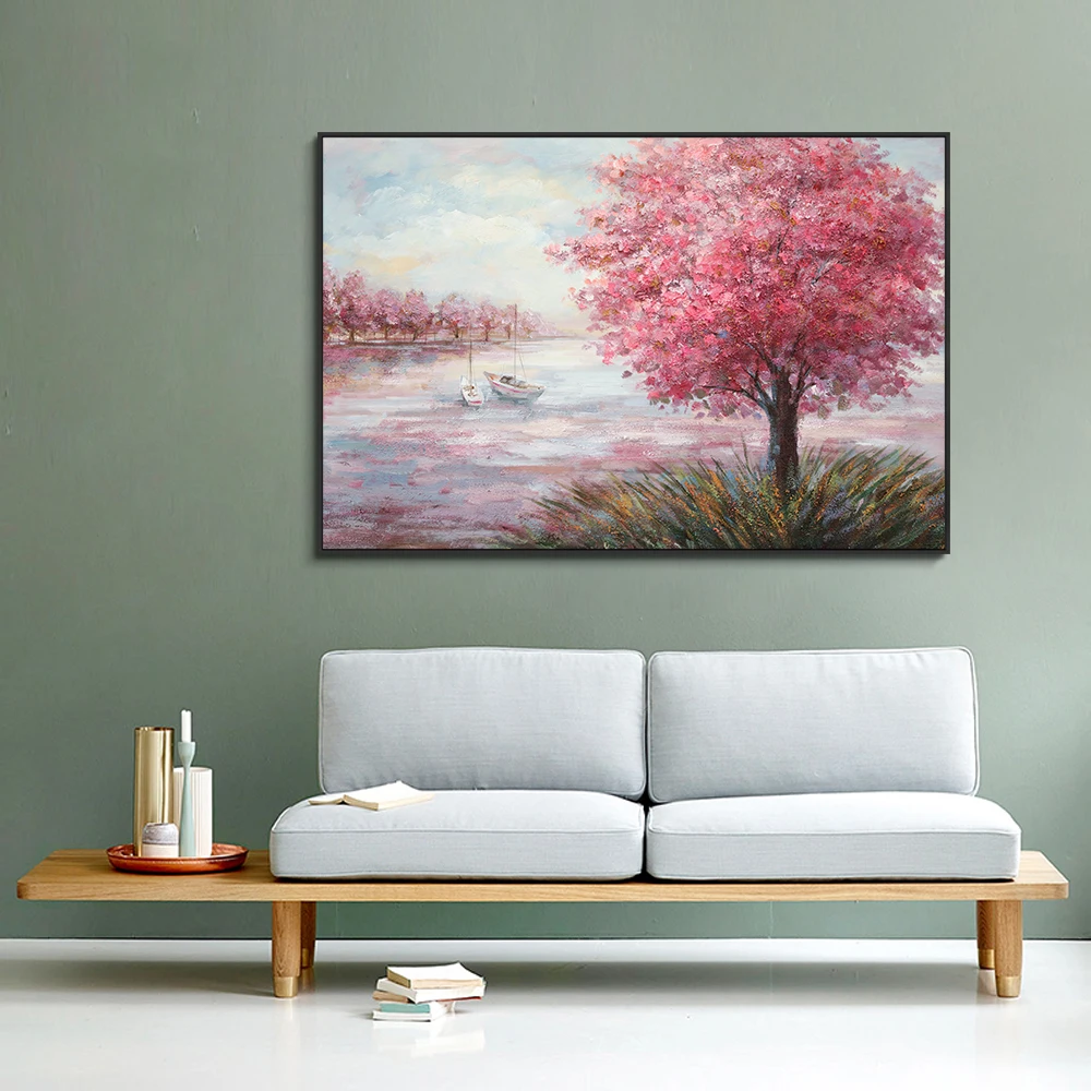 Abstract Landscape Hand-painted Oil Painting Canvas Art Nodic Colorful Tree and Lake Oil Paintings for Livingroom Wall Decor