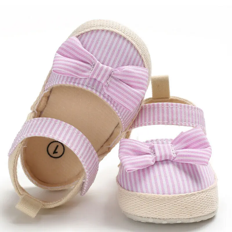 Children Summer Shoes Newborn Infant Baby Girl Boy Soft Crib Shoes Infants Anti-slip Sneaker Striped Bow Prewalker 0-18M