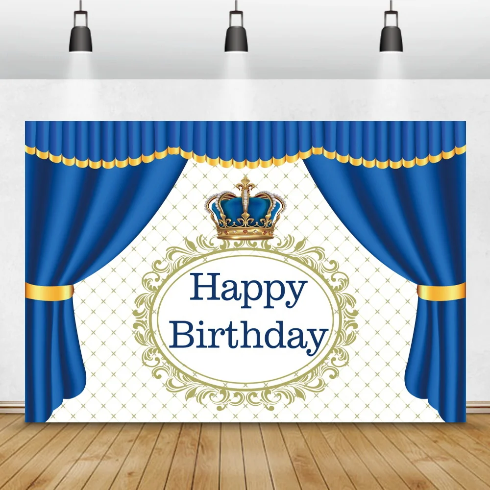 Laeacco Birthday Photography Backgrounds Blue Headboard Curtain Crown Prince Custom Photo Backdrops Baby Shower Photocall Banner