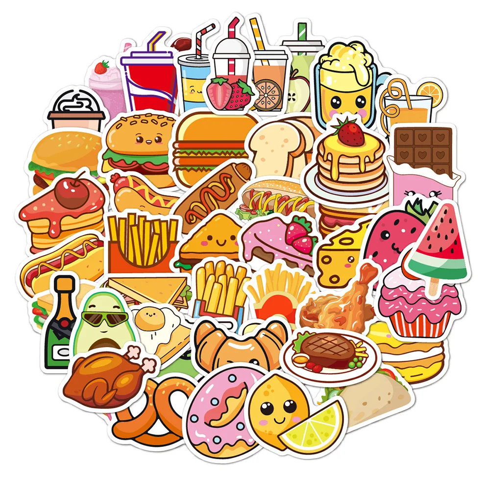 10/30/50PCS Food Hamburger Drink Cake Fruit Cartoon Stickers DIY Laptop Luggage Skateboard Graffiti Decals Sticker