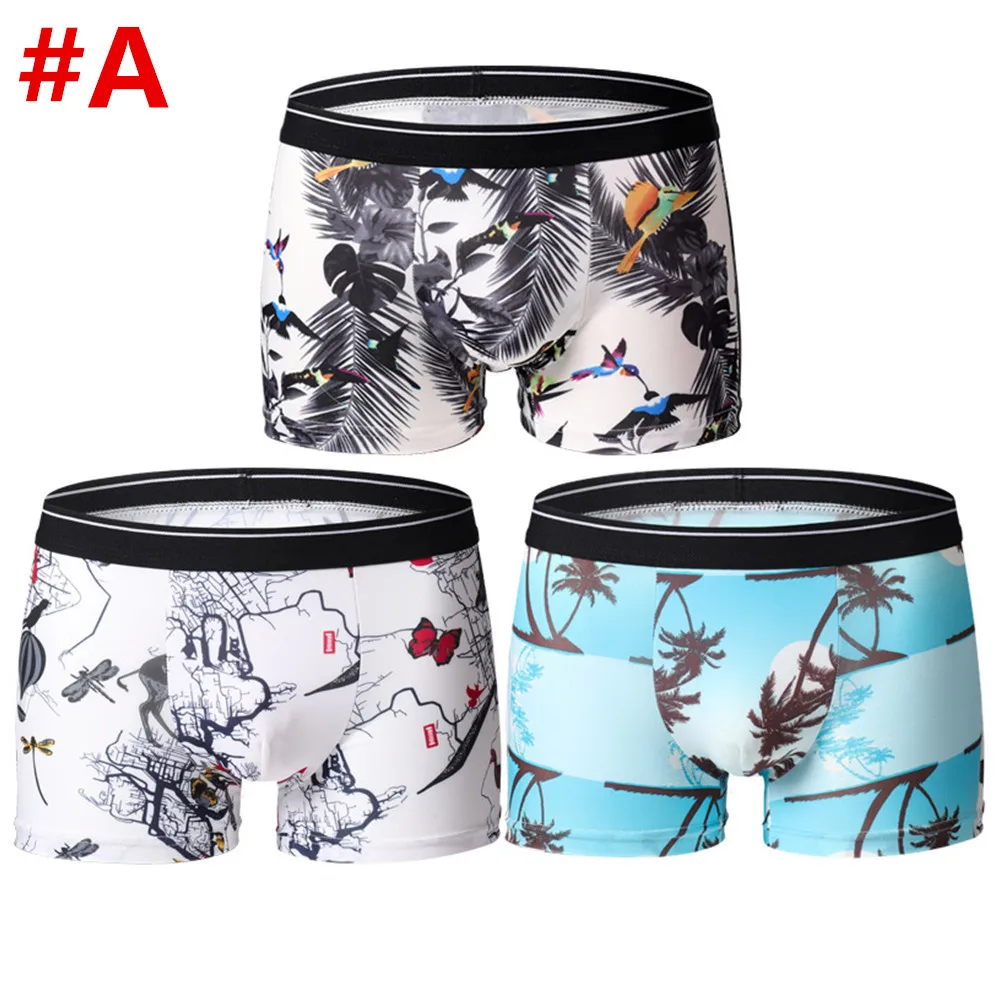 3 Pcs Sexy Panties Boy Ice Silk Men Printed Underwear Undies Underpants Fashion Boxer Briefs Breathable Homme Flexible Shorts