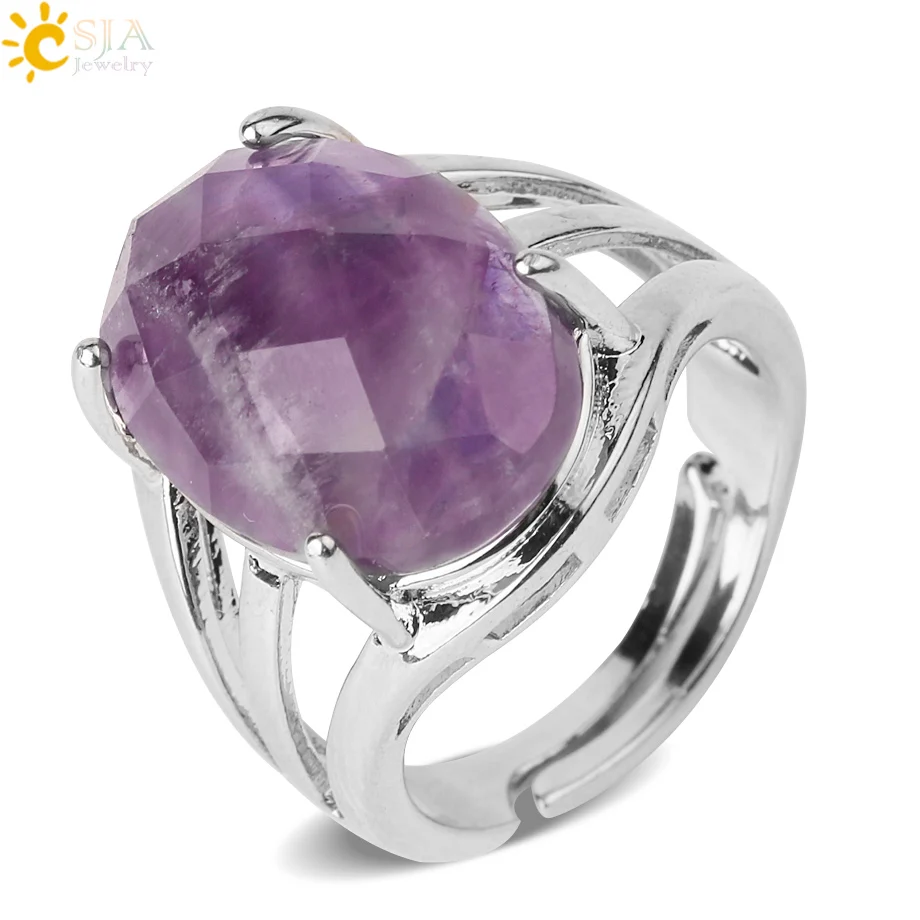 CSJA Egg Shape Natural Stone Rings Multifaceted Cabochon Purple Crystal Lapis Silver Color Finger Ring for Women Adjustable G616