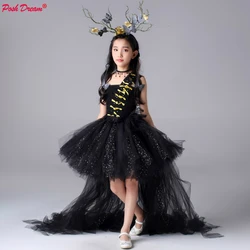 Sparkly Tulle Kids Girls Party Dresses with Train Tulle Chiffon Tulle Toddler Baby Girls Black Flower Tutu Dresses Gold Clothes