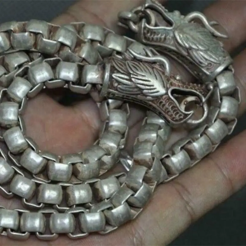 Old Chinese Tibetan Silver Copper Auspicious Double Dragon Loong Head Beast   Statues  Amulet Statue Mascot Gift