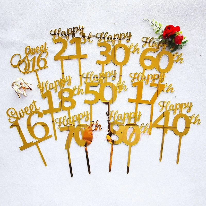 Number Acrylic Happy Brithday 16 18 40 50 60 70 80 Golden Cake Topper Digital Love Wedding Cake Topper Party Cake Decoration