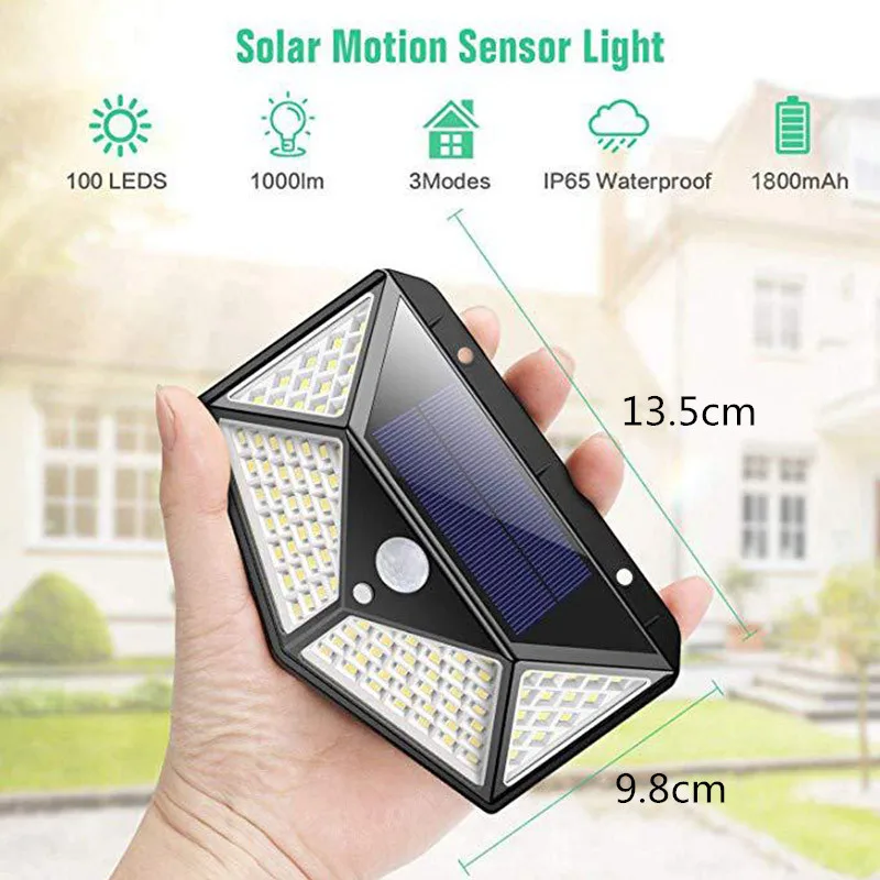 100 levou lâmpada de parede solar com sensor de movimento pir, impermeável, iluminação exterior, jardim, pátio, rua, 3 modos