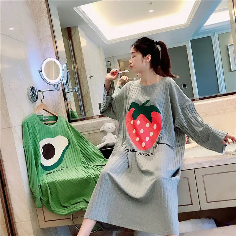 Nightgowns Women Primted Large Size 4XL Autumn Long Sleeve Loose Warm Homewear Pyjama Korean Style Chic Leisure Mid-calf Soft BF