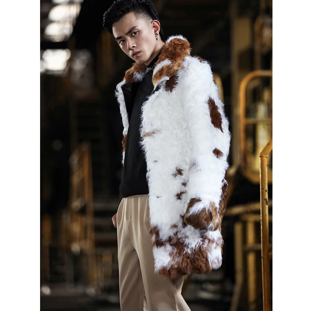 2019 New Mens Gray Shearling Jacket Wool Coat Fashion Long Leather Jacket Lapel Full Fur Jacket Thick Warm Mens Winter Coats