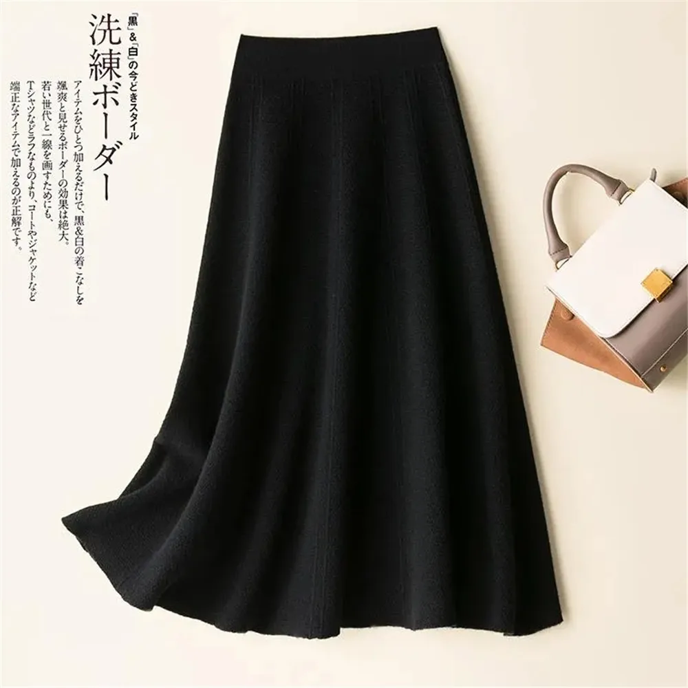 Vintage Brown Knitted Long Skirt 2021 Autumn Winter Women Casual Solid A Line Skirt Korean Female Black High Waist Midi Skirt