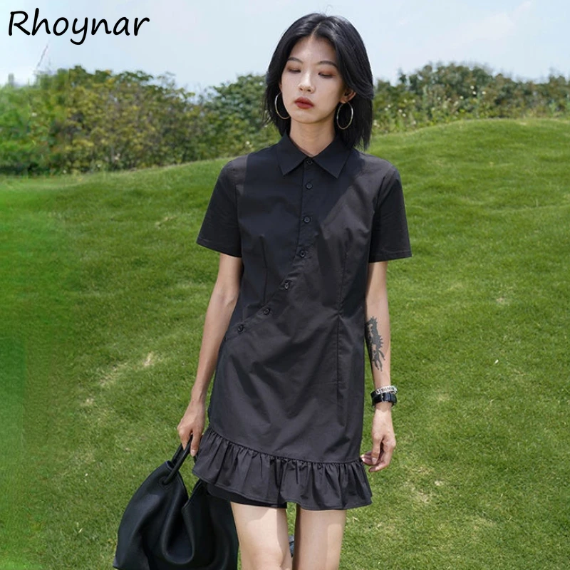 

Short Sleeve Dress Women Holiday Turn-down Collar Irregular Simple Pure Streetwear Korean Style Summer Hipster Vintage Feminino