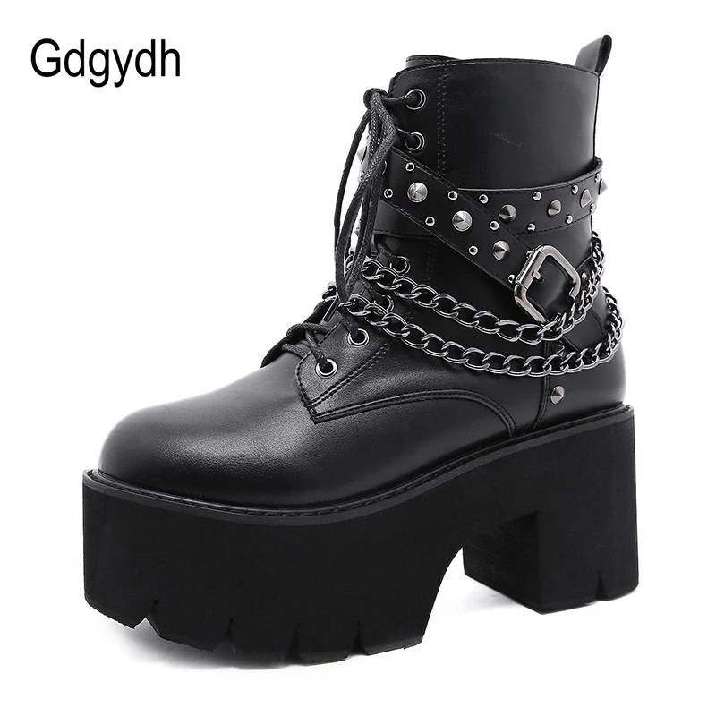 Gdgydh 2022 Gothic Black Ankle Boots For Women Plus High Heel Female Shoes Lace-Up Nigh Club Black Sexy Rivets Chain Short Boots