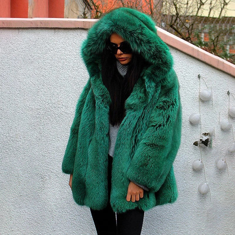 Luxury Green Natural Real Fox Fur Coat With Big Hood Thick Warm Winter Genuine Blue Fox Fur Jacket For Women Fur Coats Trendy