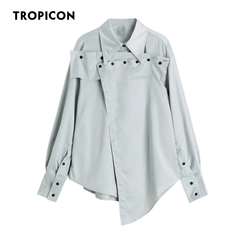 

TROPICON Designer Silver Long Sleeve Shirts For Women Collared Asymmetrical Tops And Bloues Satin Loose Shirt Fashion 2021