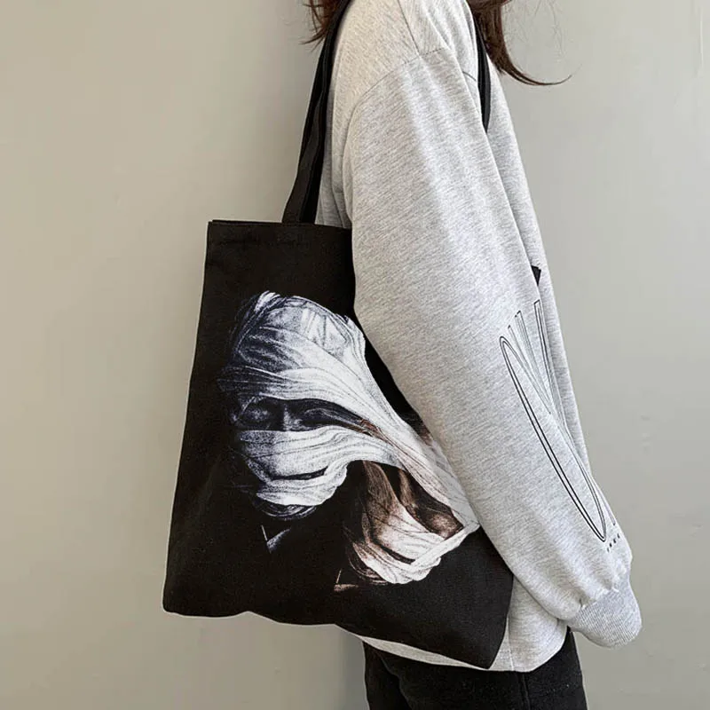 Gothic women bag horror face print canvas bag casual large capacity hip-hop women shoulder bag High street dark y2k shopper bags