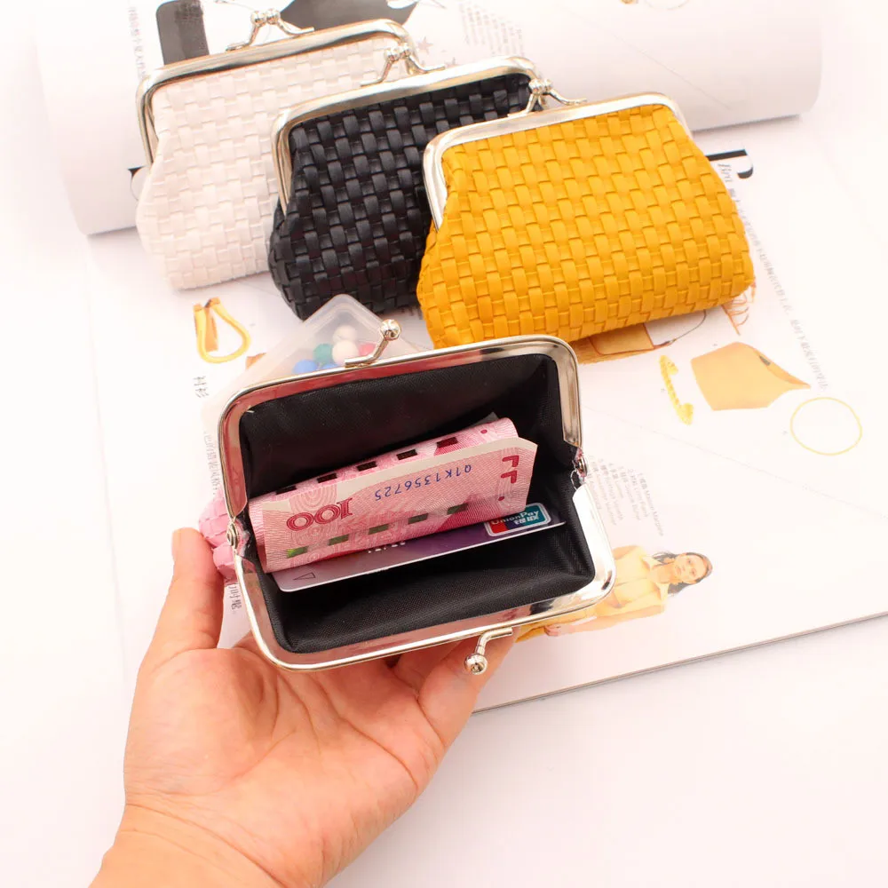 Dompet Wanita Terbuat dari Kulit Tenun Dompet Penyimpan Kartu Kecil Warna Murni Dompet Koin Portabel Tas Uang Clutch Saku Koin