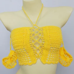 White Knitted Bikini Top For Women's Crochet Sexy Hollow-Out Tassel Tube Top Summer Beach Casual Lace Up Swimsuit