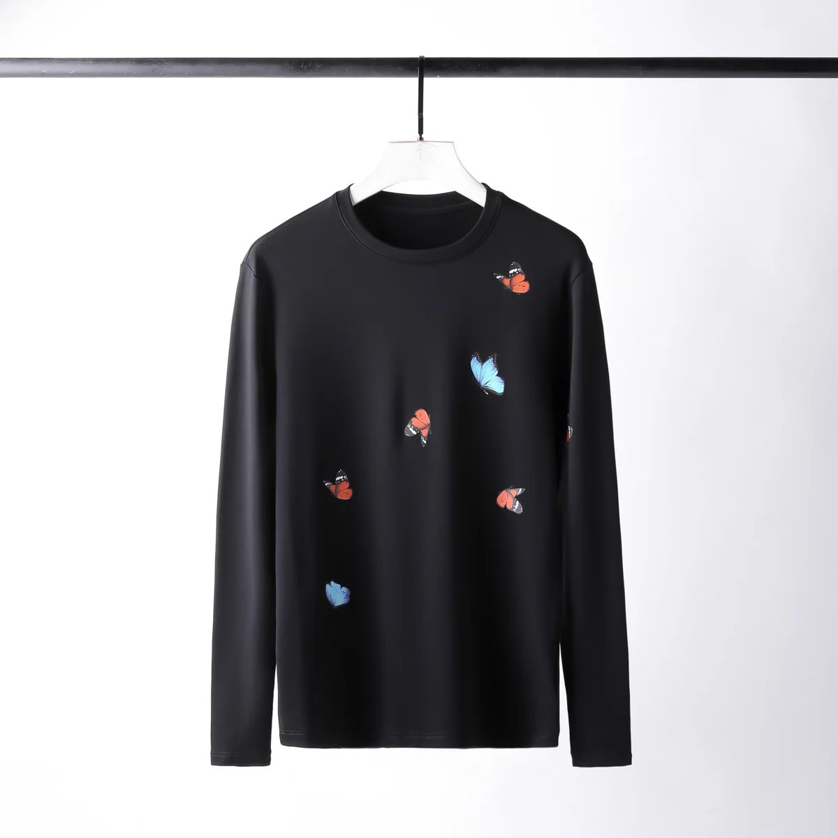 100% Cotton Mens Luxury 3d Butterfly Printing Long Sleeve Men T-shirt Casual Slim Fit Solid Color T-shirts Man