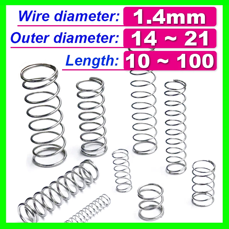 10pcs Spring Wire Diameter 1.4mm Compress Pressure Spring Rotor Return Buffer Cylidrical Coil Od 14mm~21mm 304 Stainless Steel